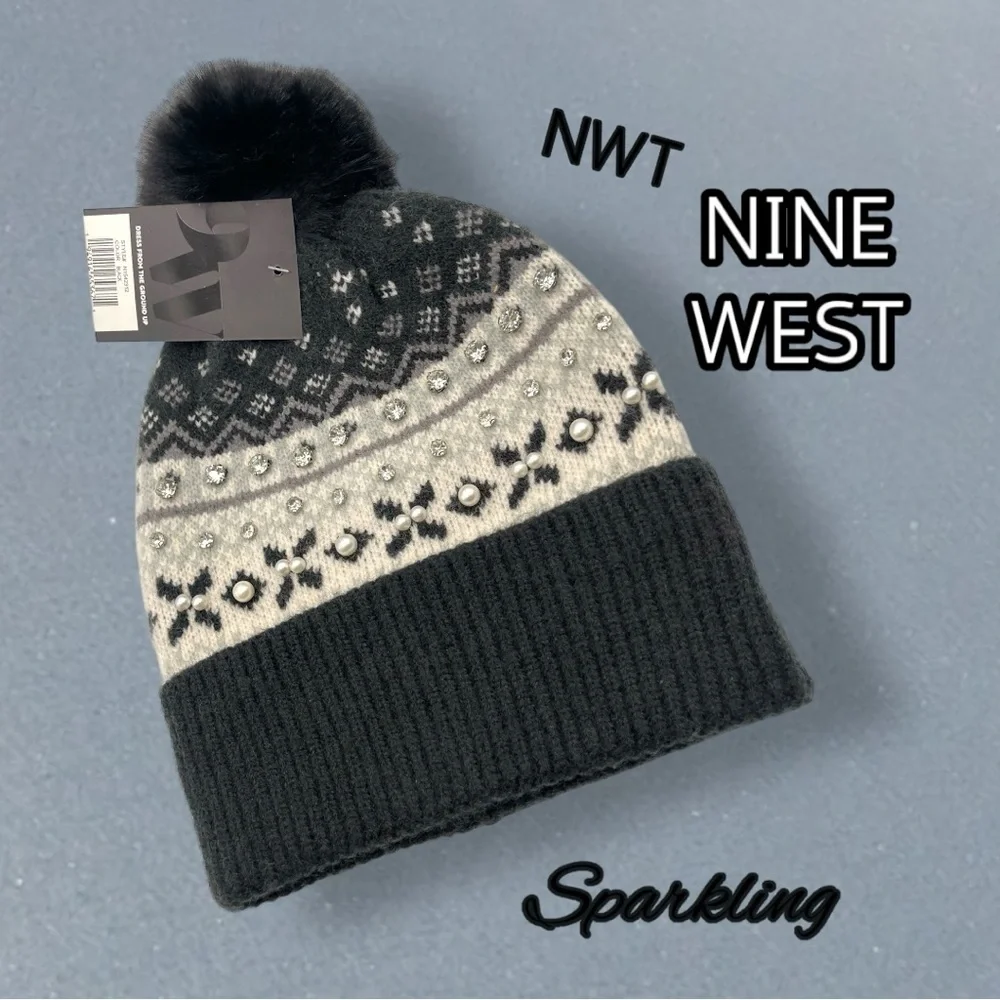 Nine West Fair Isle Faux Fur Trim Beanie Grey with Jewels RHINESTONES Knit Hat